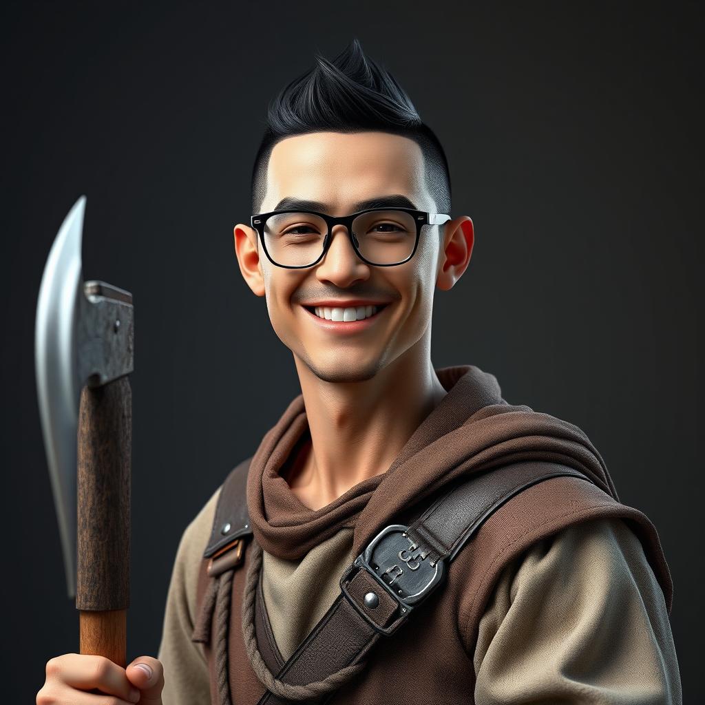 A highly detailed and realistic portrait of a happy young skinny human man with a black buzzcut hairstyle and wearing glasses