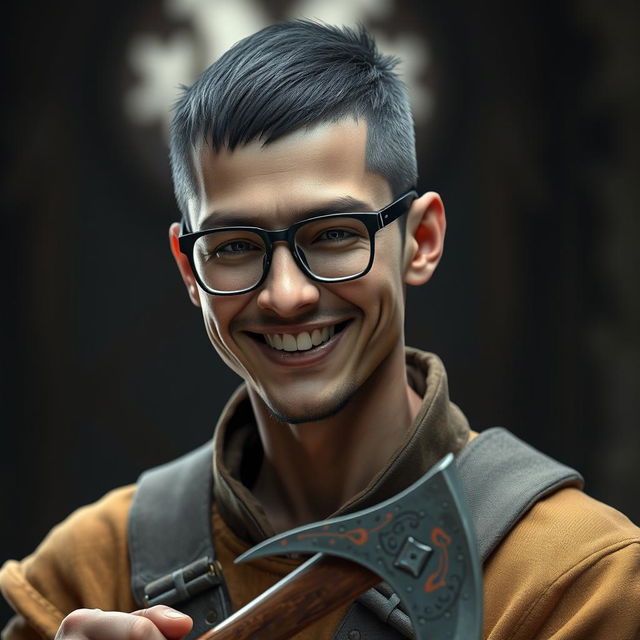 A highly detailed and realistic portrait of a happy young skinny human man with a black buzzcut hairstyle and wearing glasses