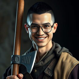 A highly detailed and realistic portrait of a happy young skinny human man with a black buzzcut hairstyle and wearing glasses