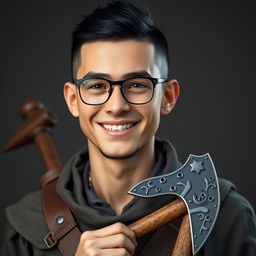 A highly detailed and realistic portrait of a happy young skinny human man with a black buzzcut hairstyle and wearing glasses