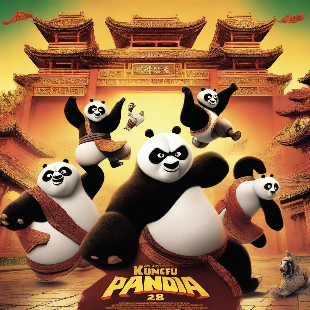 A vibrant and action-packed movie poster for Kung Fu Panda 2, featuring the main characters in dynamic poses with a backdrop of ancient Chinese architecture