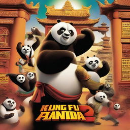 A vibrant and action-packed movie poster for Kung Fu Panda 2, featuring the main characters in dynamic poses with a backdrop of ancient Chinese architecture