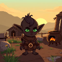 Create a small character with the appearance of a goblin, featuring green eyes and dark skin