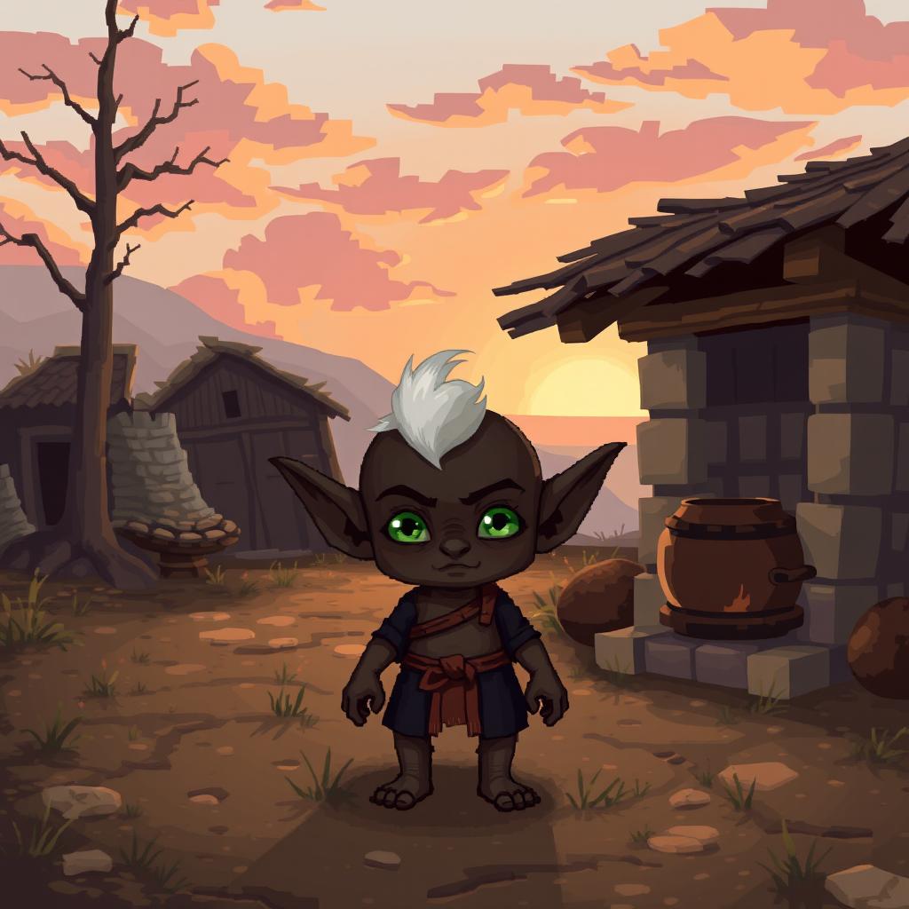 Create a small character with the appearance of a goblin, featuring green eyes and dark skin