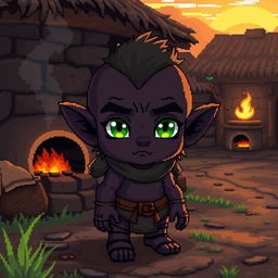 Create a small character with the appearance of a goblin, featuring green eyes and dark skin