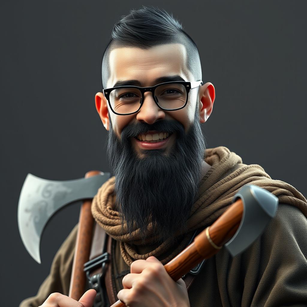 A highly detailed and realistic portrait of a happy young skinny human man with a black buzzcut hairstyle, a long beard, and wearing glasses