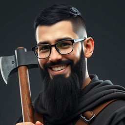 A highly detailed and realistic portrait of a happy young skinny human man with a black buzzcut hairstyle, a long beard, and wearing glasses