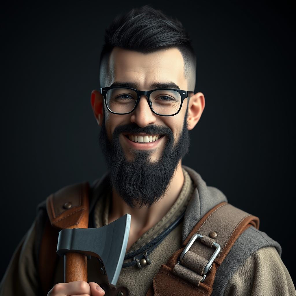 A highly detailed and realistic portrait of a happy young skinny human man with a black buzzcut hairstyle, a long beard, and wearing glasses