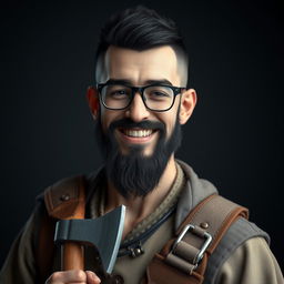 A highly detailed and realistic portrait of a happy young skinny human man with a black buzzcut hairstyle, a long beard, and wearing glasses