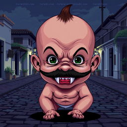 Create a character with the appearance of a baby, but with a mustache and sharp, menacing teeth