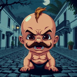 Create a character with the appearance of a baby, but with a mustache and sharp, menacing teeth