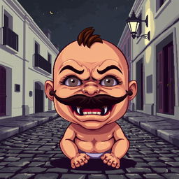 Create a character with the appearance of a baby, but with a mustache and sharp, menacing teeth