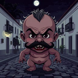 Create a character with the appearance of a baby, but with a mustache and sharp, menacing teeth