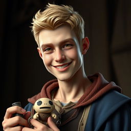 A highly detailed and realistic portrait of a happy young skinny human man with short blond hair