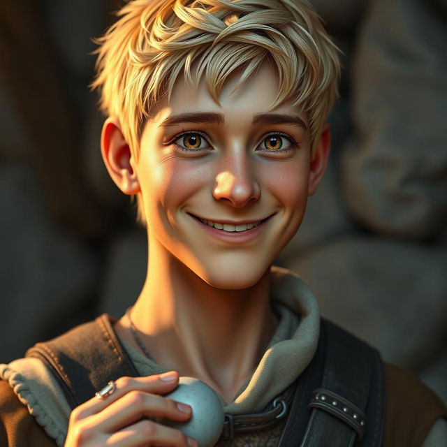 A highly detailed and realistic portrait of a happy young skinny human man with short blond hair