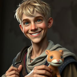 A highly detailed and realistic portrait of a happy young skinny human man with short blond hair