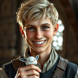 A highly detailed and realistic portrait of a happy young skinny human man with short blond hair