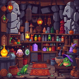 Design a shop filled with various elements like monoliths, toads, and witches, similar to the chiflera shops in La Paz, Bolivia