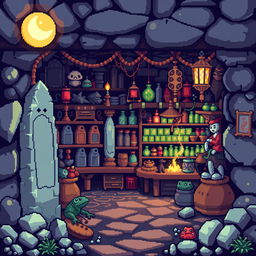 Design a shop filled with various elements like monoliths, toads, and witches, similar to the chiflera shops in La Paz, Bolivia