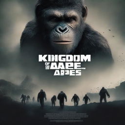 A promotional poster for the movie 'Kingdom of The Planet of The Apes,' showing a dystopian landscape with intelligent apes in dramatic poses