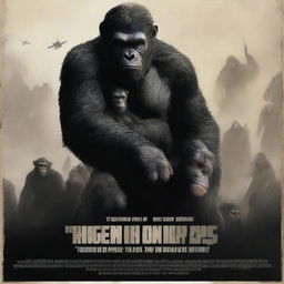 A promotional poster for the movie 'Kingdom of The Planet of The Apes,' showing a dystopian landscape with intelligent apes in dramatic poses