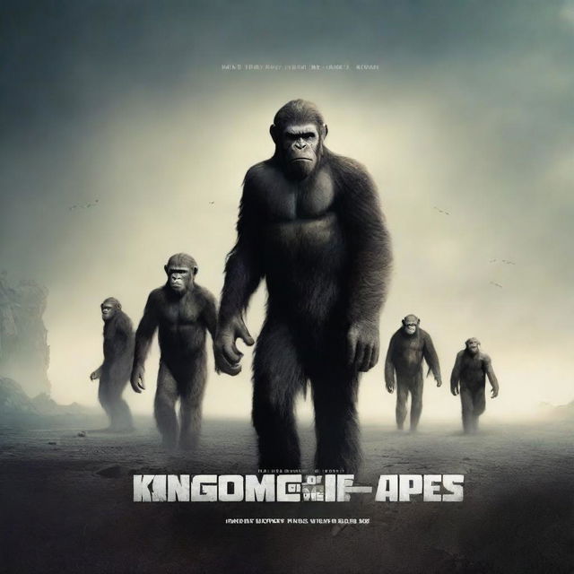 A promotional poster for the movie 'Kingdom of The Planet of The Apes,' showing a dystopian landscape with intelligent apes in dramatic poses