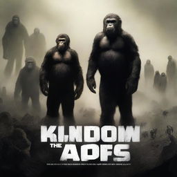 A promotional poster for the movie 'Kingdom of The Planet of The Apes,' showing a dystopian landscape with intelligent apes in dramatic poses