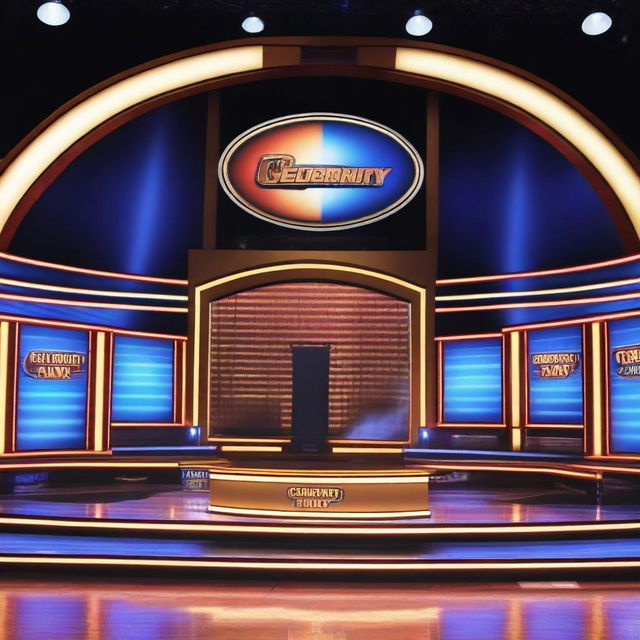 An image of ABC's Celebrity Family Feud featuring a vibrant stage with bright lights, a charismatic host, and two teams of celebrities ready to compete