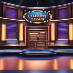 An image of ABC's Celebrity Family Feud featuring a vibrant stage with bright lights, a charismatic host, and two teams of celebrities ready to compete