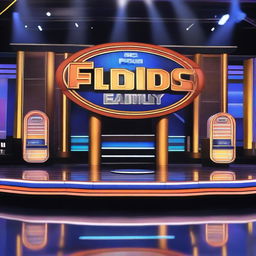 An image of ABC's Celebrity Family Feud featuring a vibrant stage with bright lights, a charismatic host, and two teams of celebrities ready to compete