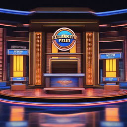 An image of ABC's Celebrity Family Feud featuring a vibrant stage with bright lights, a charismatic host, and two teams of celebrities ready to compete