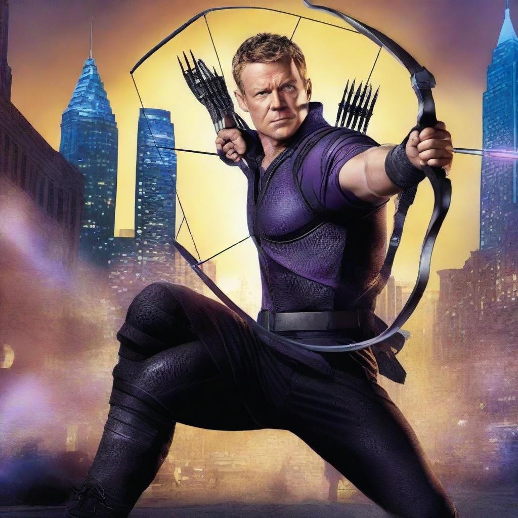 A detailed illustration of Marvel Studios' Hawkeye, featuring his iconic bow and arrow, in a dynamic action pose