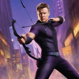 A detailed illustration of Marvel Studios' Hawkeye, featuring his iconic bow and arrow, in a dynamic action pose