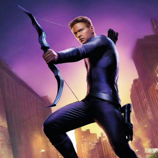 A detailed illustration of Marvel Studios' Hawkeye, featuring his iconic bow and arrow, in a dynamic action pose