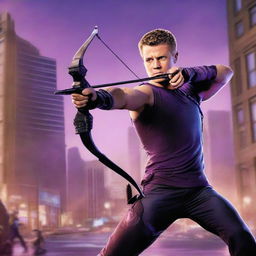 A detailed illustration of Marvel Studios' Hawkeye, featuring his iconic bow and arrow, in a dynamic action pose