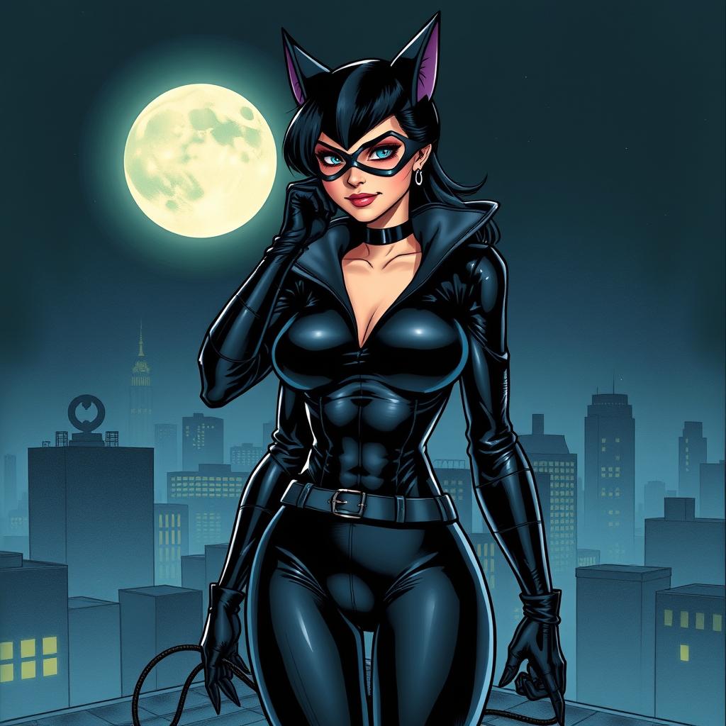 A detailed illustration of Catwoman in her iconic black leather suit, standing on a rooftop under the moonlight