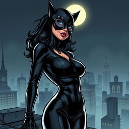 A detailed illustration of Catwoman in her iconic black leather suit, standing on a rooftop under the moonlight