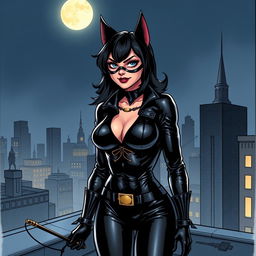 A detailed illustration of Catwoman in her iconic black leather suit, standing on a rooftop under the moonlight