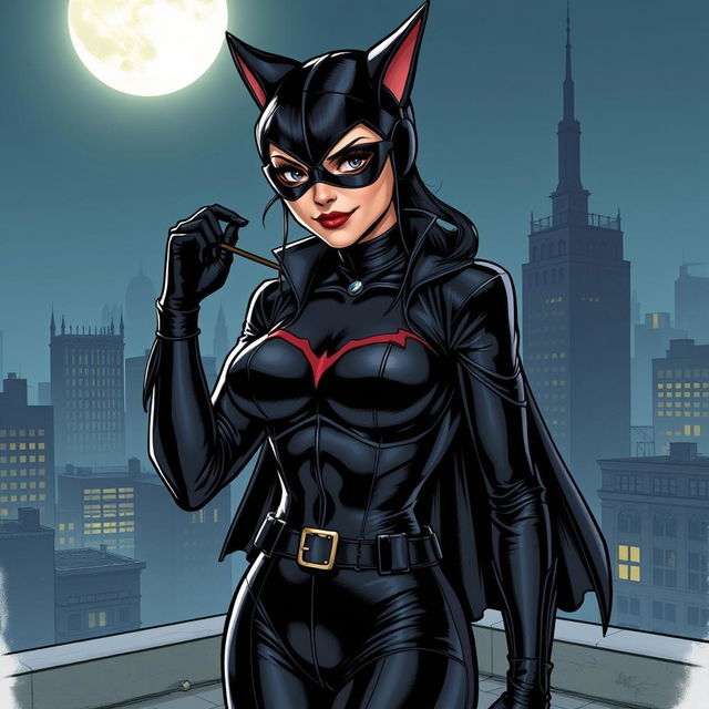 A detailed illustration of Catwoman in her iconic black leather suit, standing on a rooftop under the moonlight