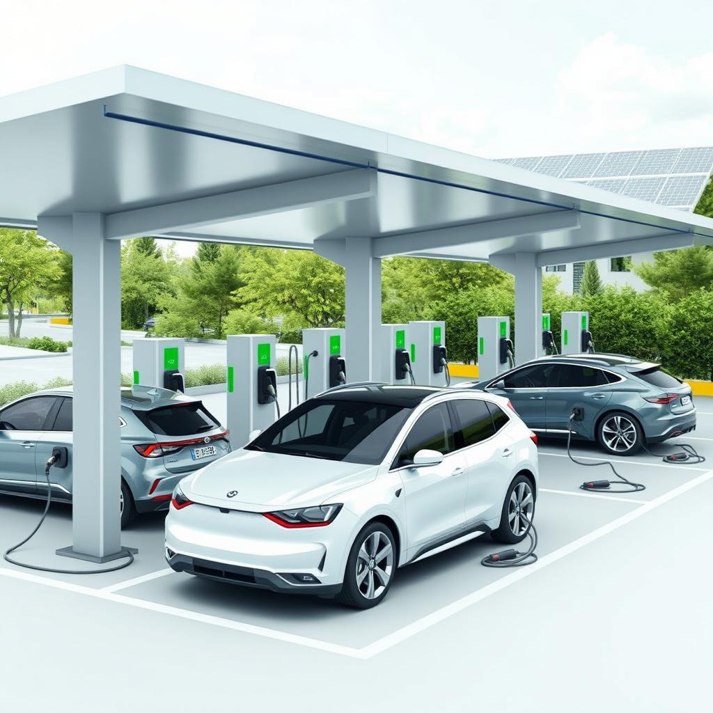 Create an image of an electric vehicle service station with 8 charging stations, each connected to a car