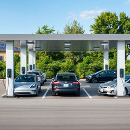 Create an image of an electric vehicle service station with 8 charging stations, each connected to a car