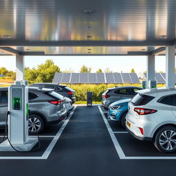 Create an image of an electric vehicle service station with 8 charging stations, each connected to a car