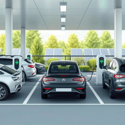 Create an image of an electric vehicle service station with 8 charging stations, each connected to a car