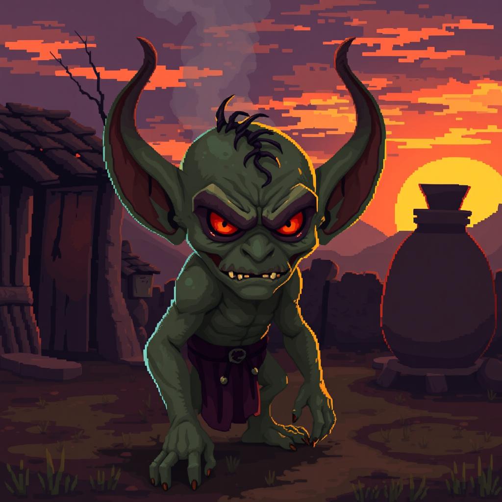 Create a character with the appearance of a goblin but with a malevolent and sinister look