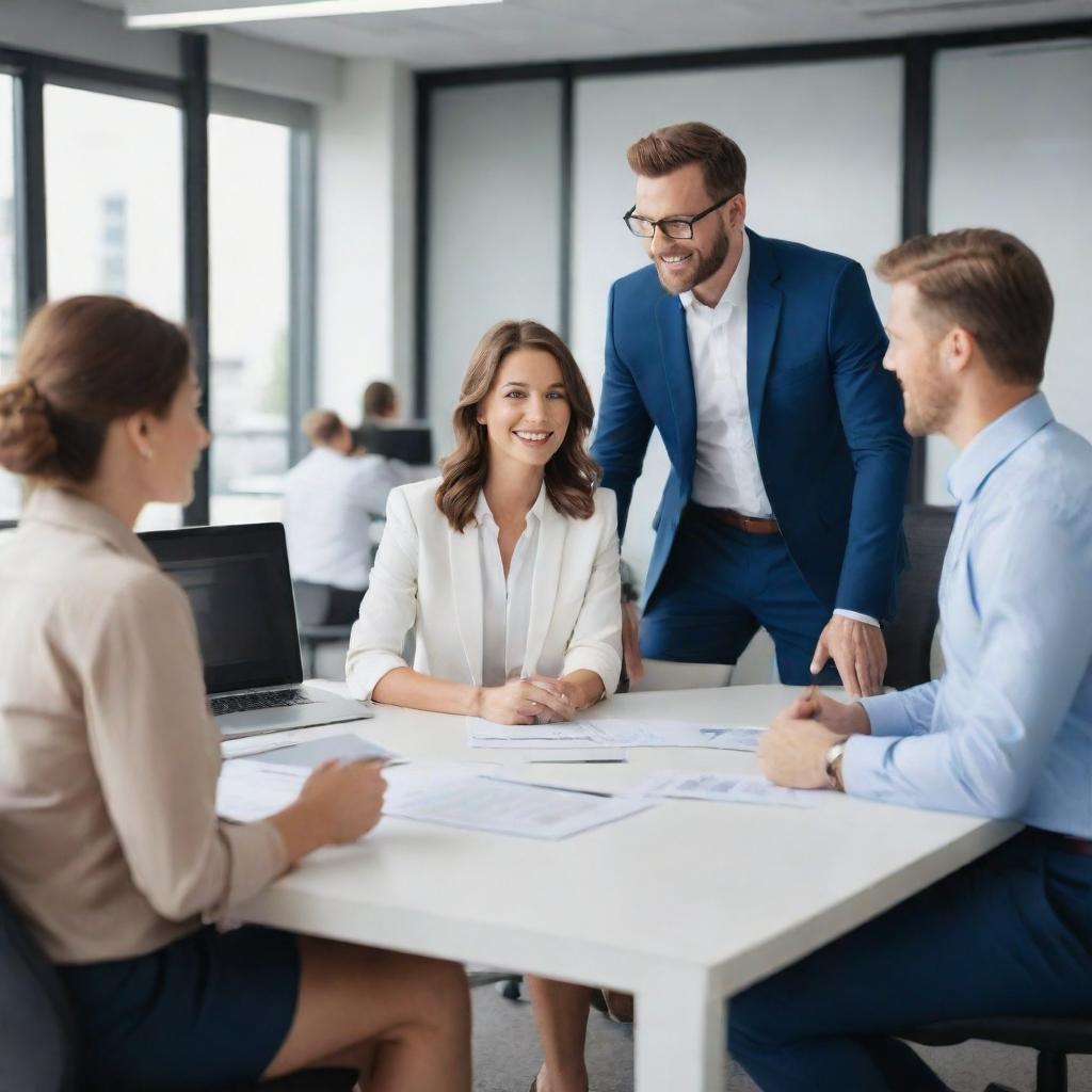 Depict an evolution from a Sales Ambassador, engaging actively with customers, to a Sales Manager, overseeing a team of salespeople in a modern office setting.