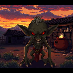 Create a character with the appearance of a goblin but with a malevolent and sinister look