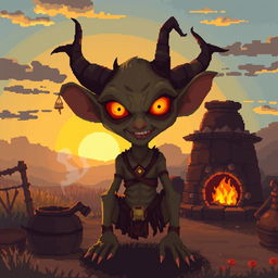 Create a character with the appearance of a goblin but with a malevolent and sinister look