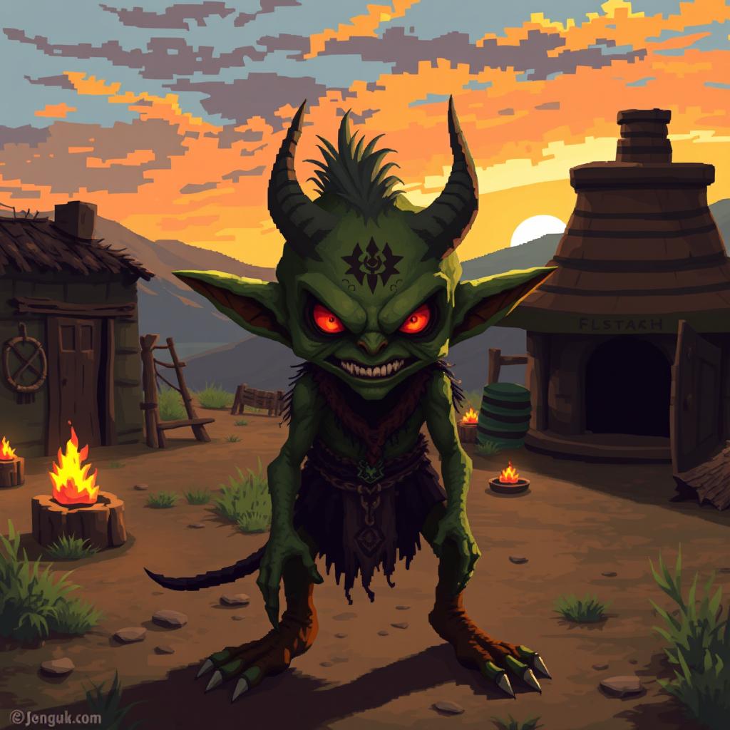 Create a character with the appearance of a goblin but with a malevolent and sinister look