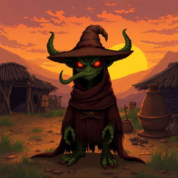 Create a character with the appearance of a sinister goblin with snake-like eyes