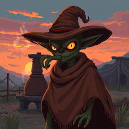 Create a character with the appearance of a sinister goblin with snake-like eyes